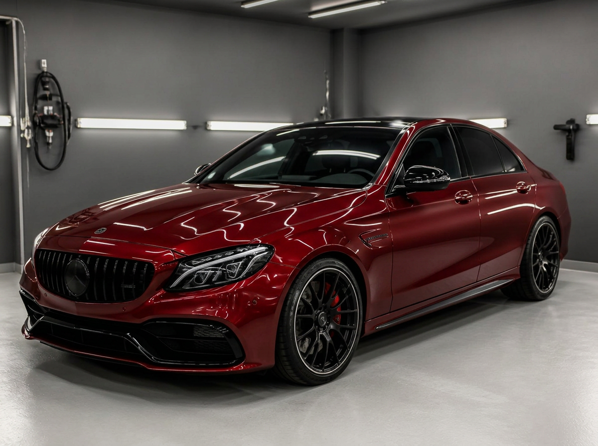Same red AMG sedan with deep gloss after paint correction and ceramic coating
