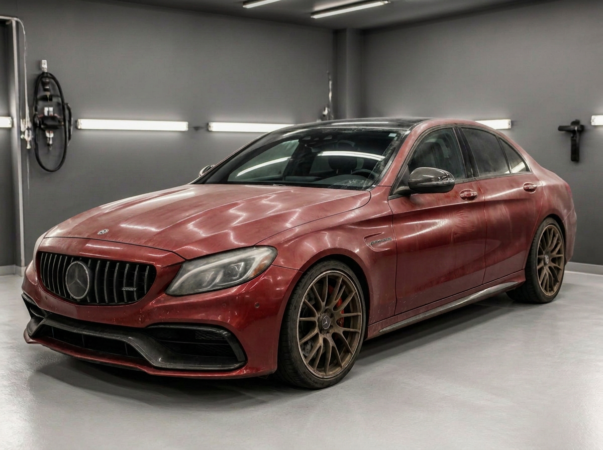 Red AMG sedan with swirled, oxidised paint before correction