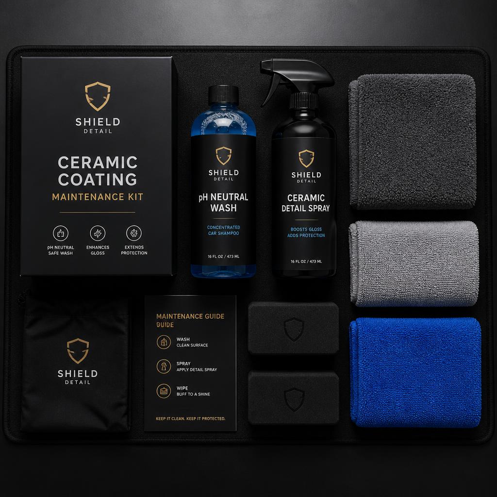 Ceramic coating maintenance kit with wash, detail spray, towels and applicators